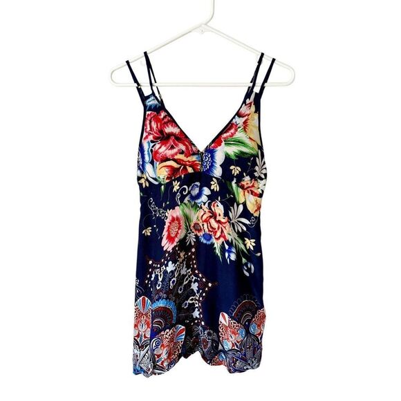 Anthropologie Farm Rio Tank size Small Navy Floral Multicolor Ruffle Boho - Picture 1 of 6